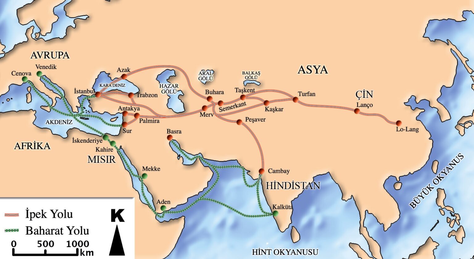 A map of the ancient Silk Road and Spice Route across Eurasia and North Africa. It shows major cities, trade routes, and regions in Turkish.